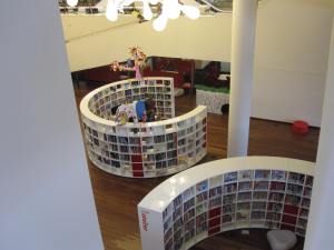 Overhead view of shelving in the children's area